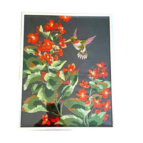 Vtg Completed Framed Embroidered Les Didier Ruby Throated Hummingbird & Begonias - Picture 1 of 8